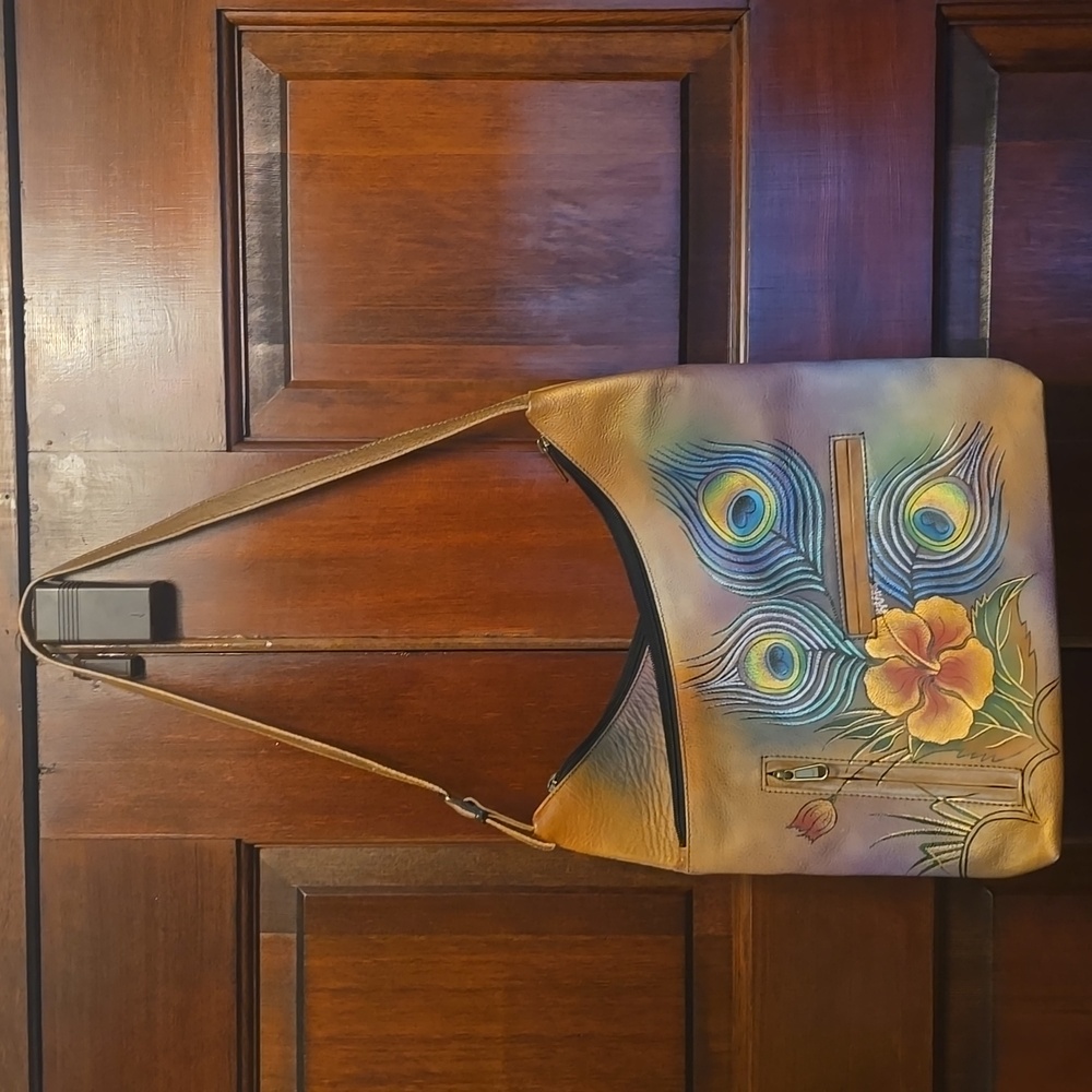Anuschka Hand painted Peacock Feather Design Shoulder Bag